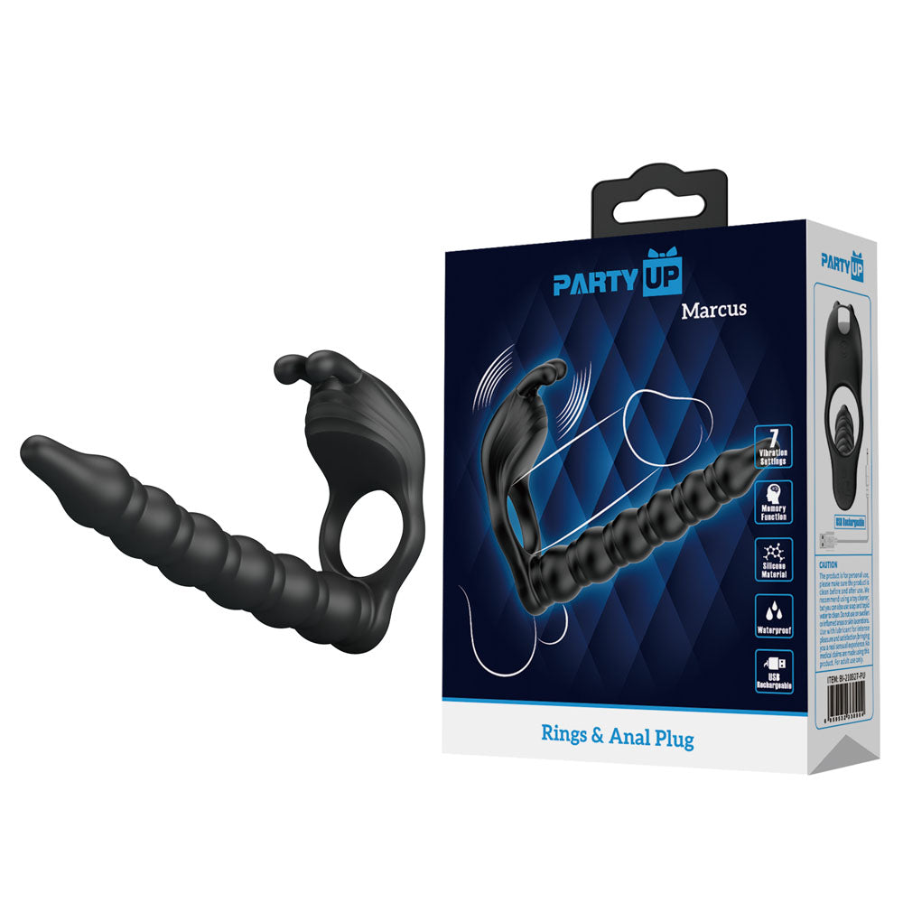 Party Up MARCUS Ring & Anal Plug - USB Rechargeable Vibrating Cock Ring with Double Penetrator