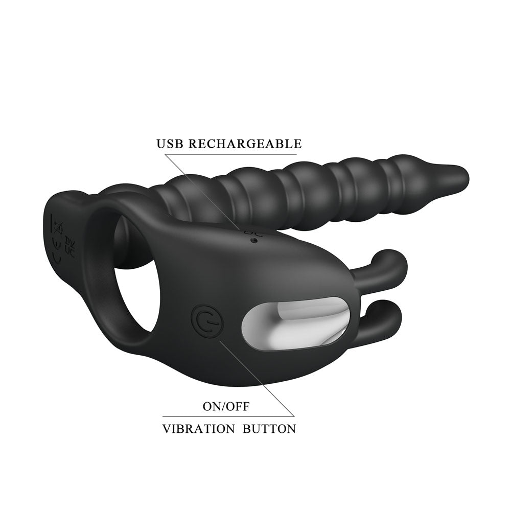 Party Up MARCUS Ring & Anal Plug - USB Rechargeable Vibrating Cock Ring with Double Penetrator