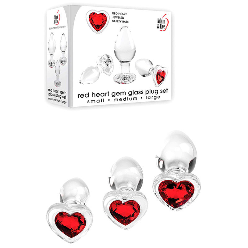 Adam & Eve RED HEART GEM GLASS PLUG SET - Glass Butt Plugs - Set of 3 Sizes
