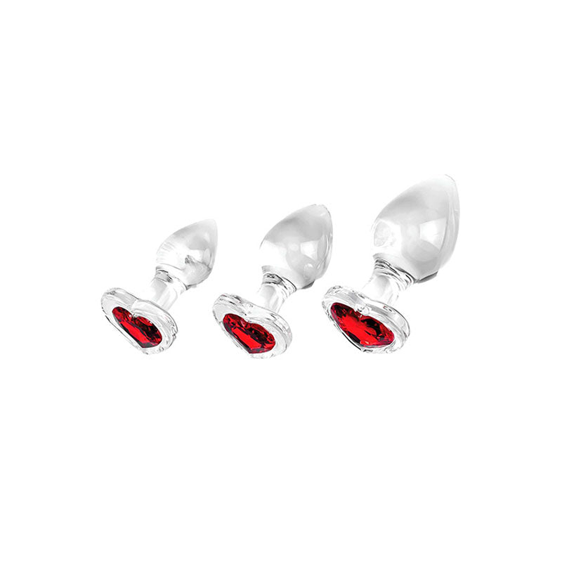Adam & Eve RED HEART GEM GLASS PLUG SET - Glass Butt Plugs - Set of 3 Sizes