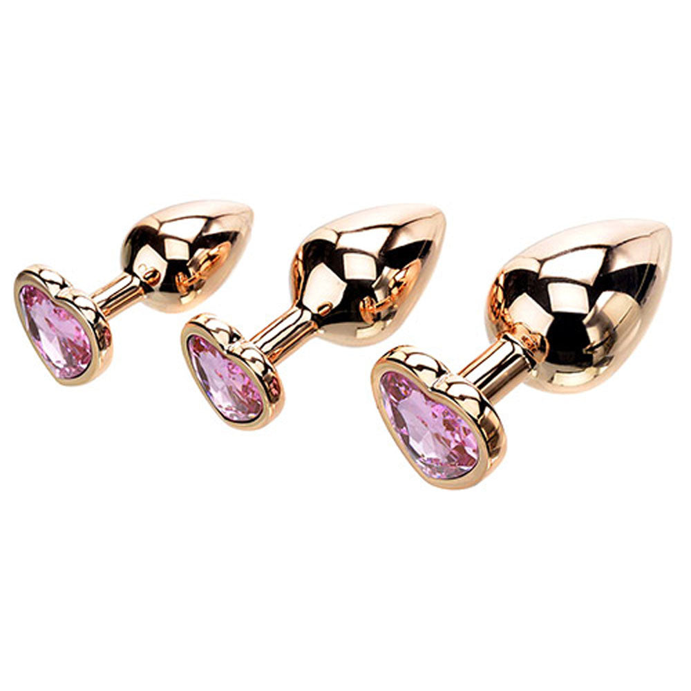 Adam & Eve HEART GEM ANAL TRAINING SET - Metal Anal Plugs with Pink Gem Bases - Set of 3 Sizes