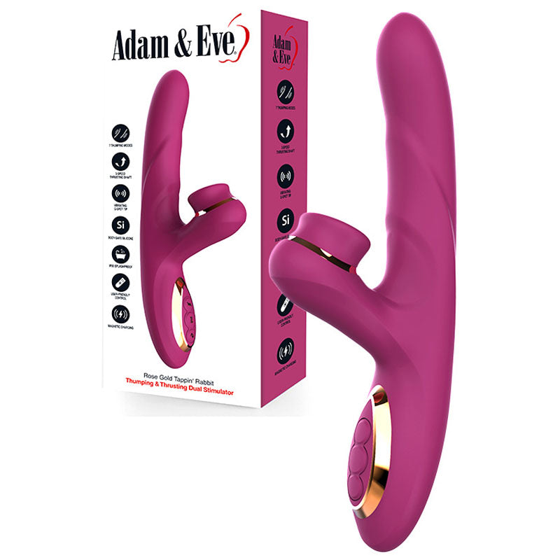 Adam & Eve ROSE GOLD TAPPIN RABBIT - 22.5 cm USB Rechargeable Tapping & Thrusting Rabbit Vibrator