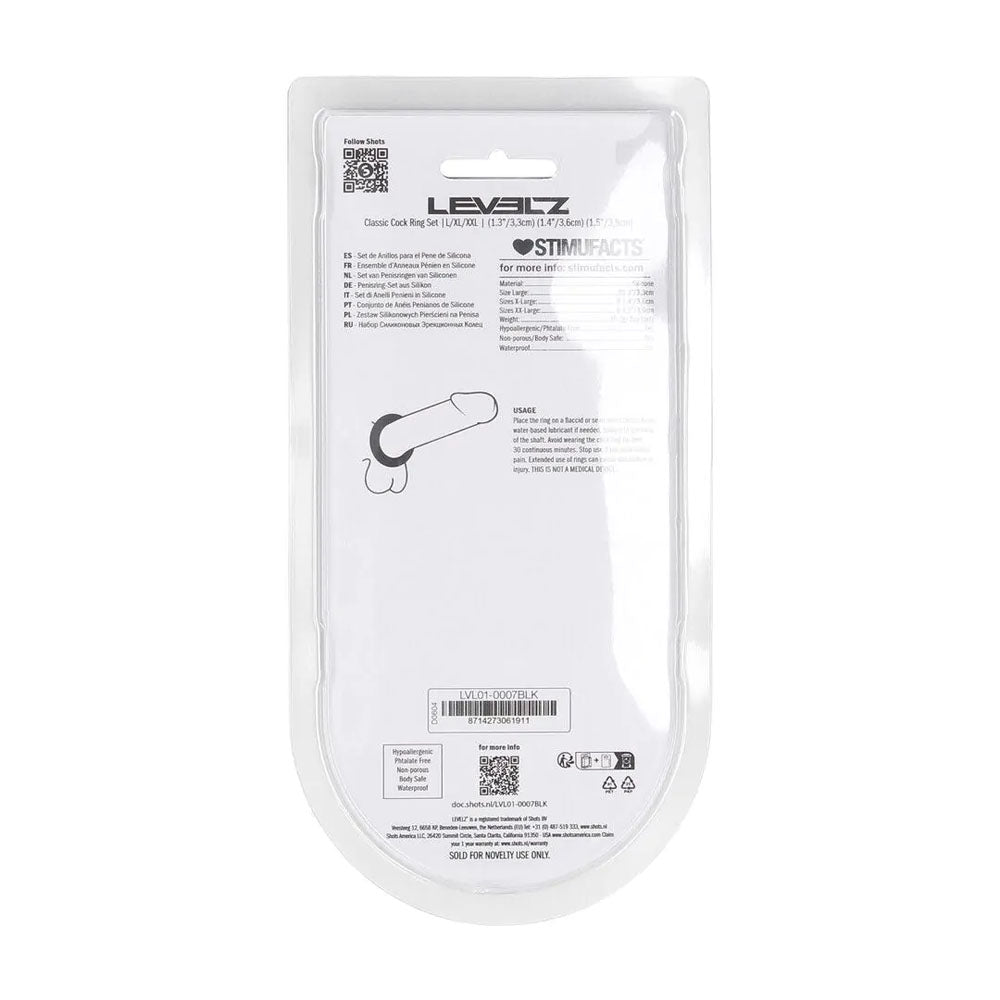 LEVELZ Classic Silicone Cock Ring Set - L/XL/XXL - Cock Rings - Set of 3 Sizes