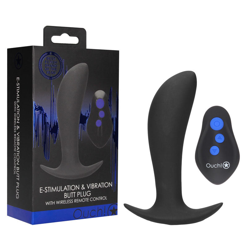 OUCH! e-Stim & Vibrating Butt Plug with Wireless Remote - 12.3 cm USB Rechargeable Vibrating Butt Plug with e-Stim