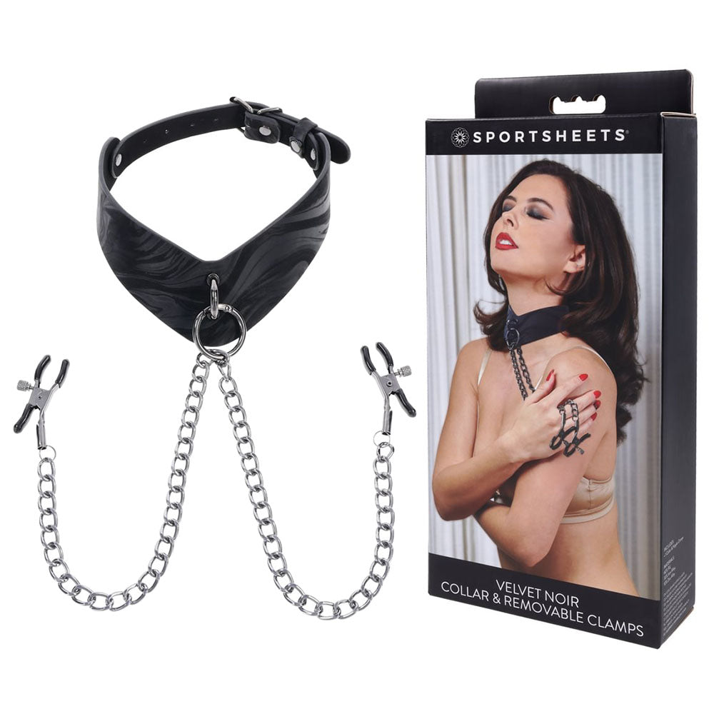 SPORTSHEETS Velvet Noir Collar & Removable Clamps - Neck & Nipple Restraints