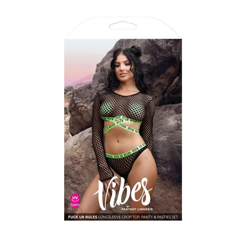 VIBES FUCK UR RULES Longsleeve Crop Top, Panty & Pasties Set