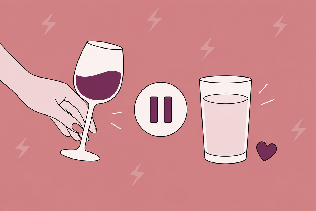 Illustration of a wine glass, pause symbol and glass of water.