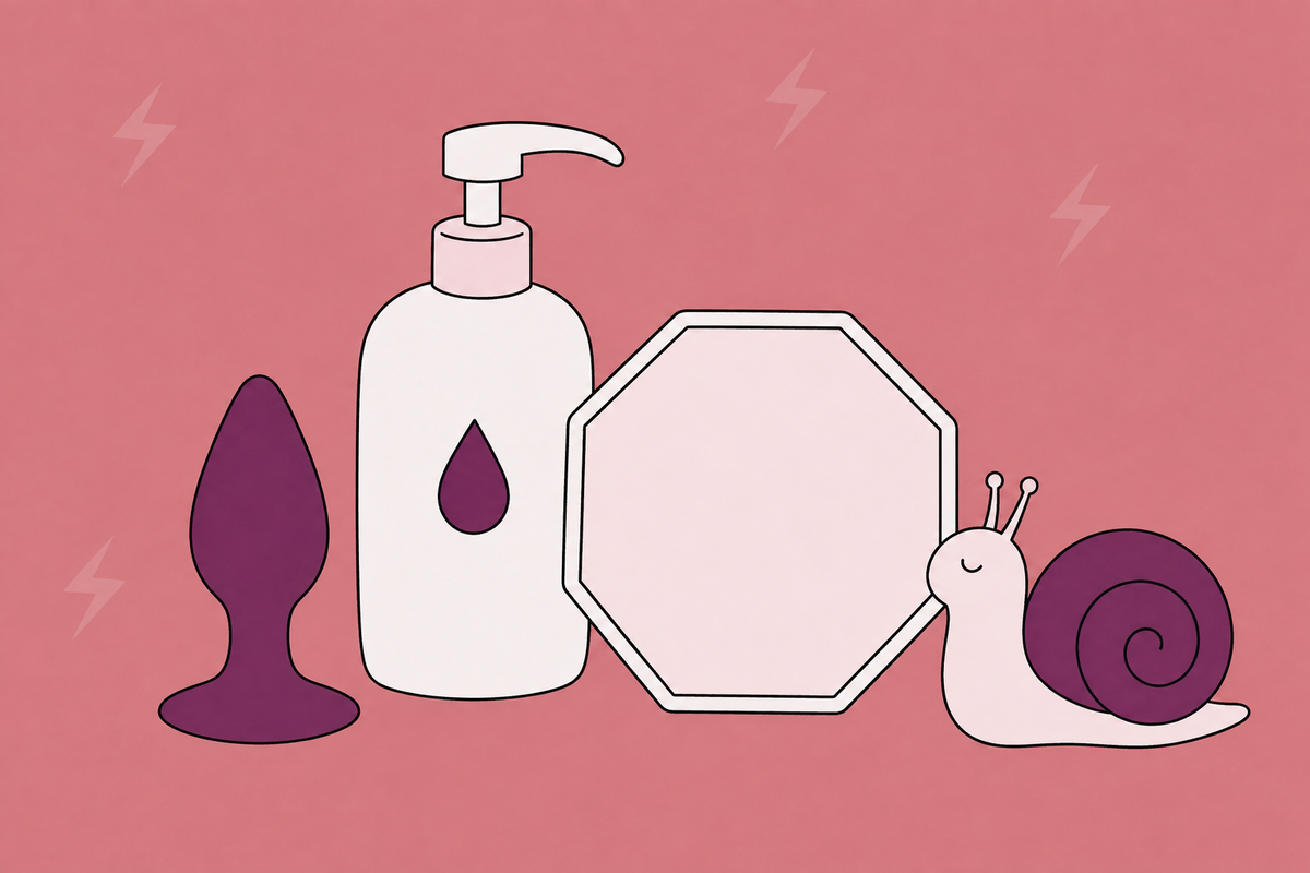 Illustration of an anal toy, lubricant, stop-shaped sign and snail.