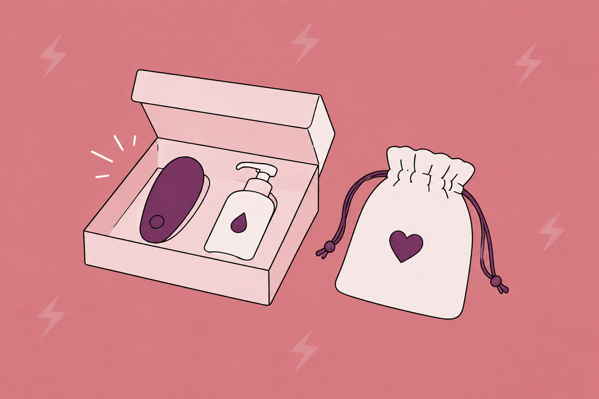 Illustration of a boxed vibrator and lubricant beside a drawstring storage bag.