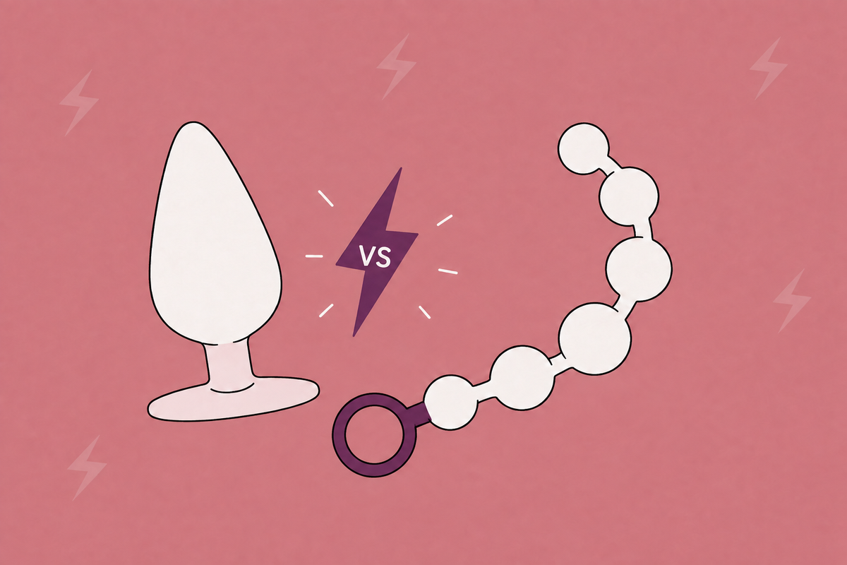 Illustration comparing a butt plug with a flared base and a string of anal beads.