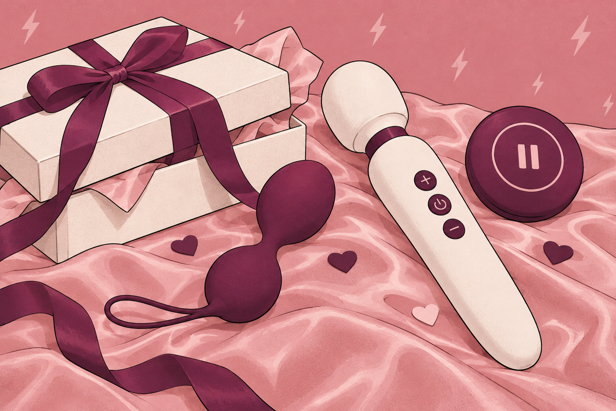 Illustration of a wand, remote control and pause symbol beside a wrapped gift.