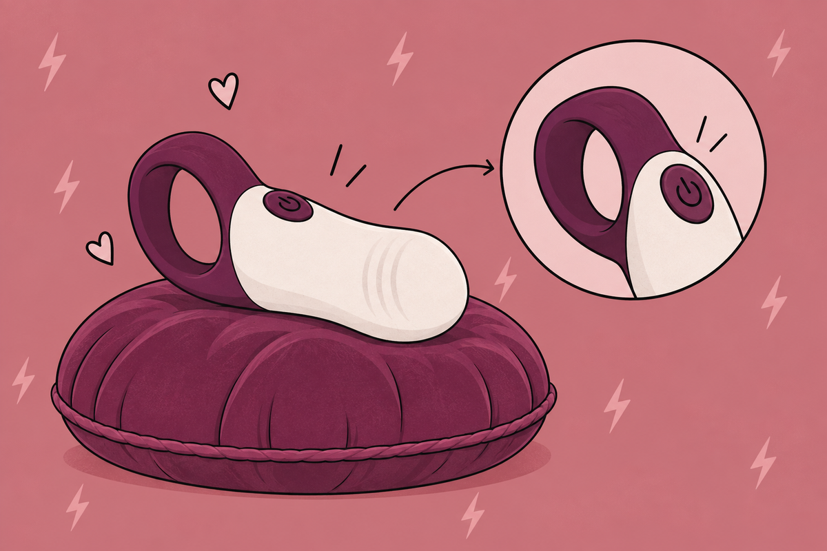 Illustration of a finger vibrator with a close-up of its loop attachment.