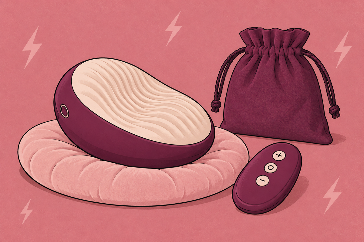Illustration of a textured grinding toy beside a remote and drawstring bag.