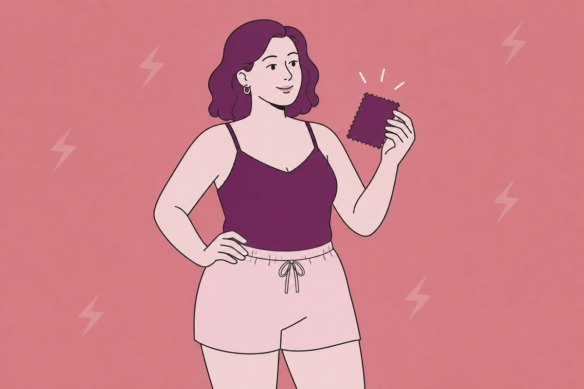 Illustration of a person holding a garment label while checking clothing fit.