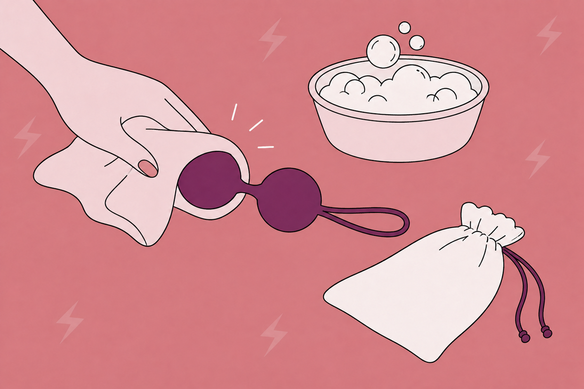 Illustration of Kegel balls beside soapy water, a towel and a storage bag.