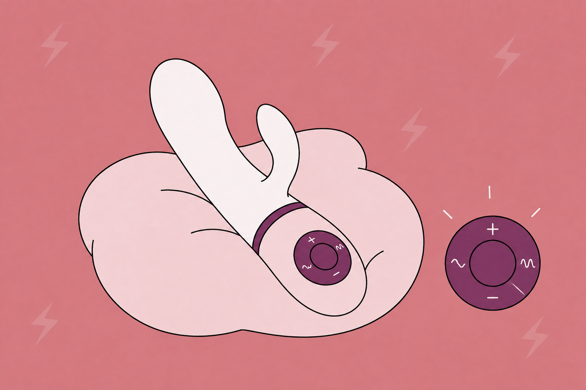 Illustration of a rabbit vibrator resting on a cushion beside a settings dial.