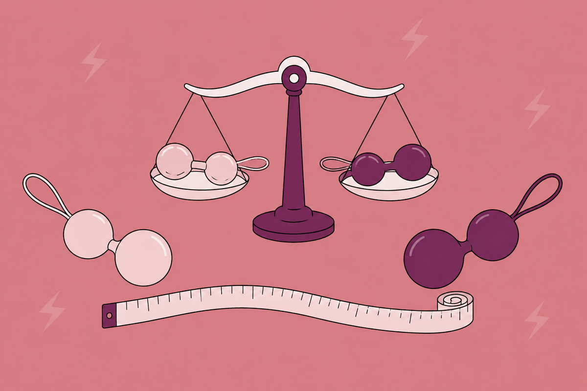 Illustration of paired Kegel balls, a balance scale and a measuring tape.