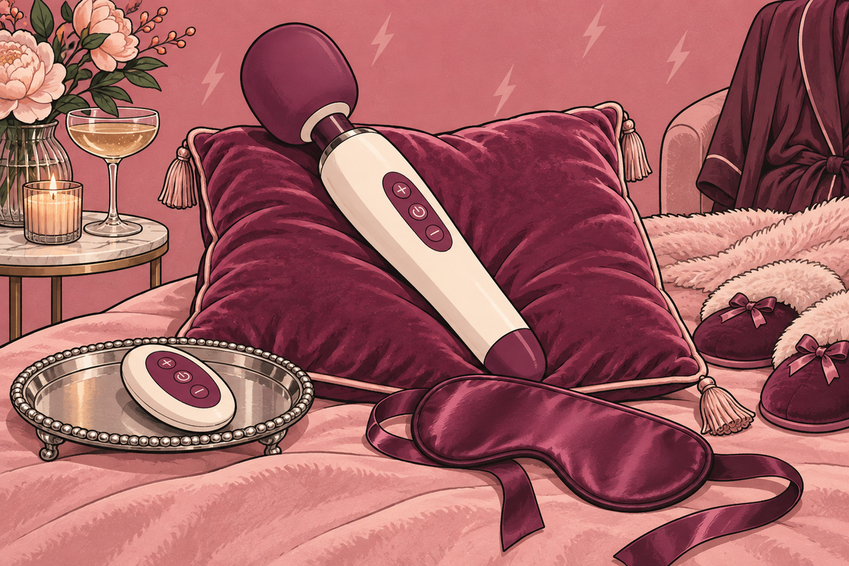 Illustration of a wand vibrator resting against cushions with a blindfold nearby.