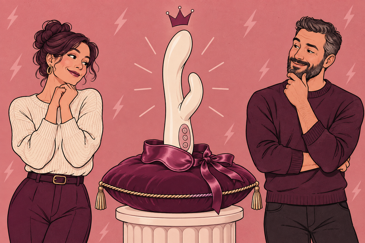 Illustration of two people looking at a rabbit vibrator displayed on a cushion.