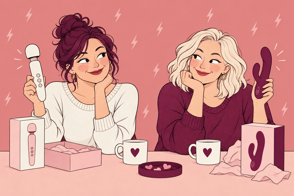 Illustration of two people discussing vibrators at a table.
