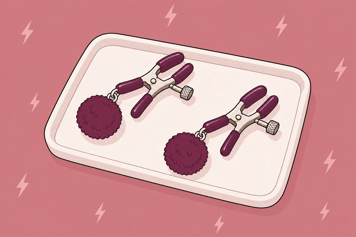 Illustration of adjustable nipple clamps with decorative tassels on a tray.