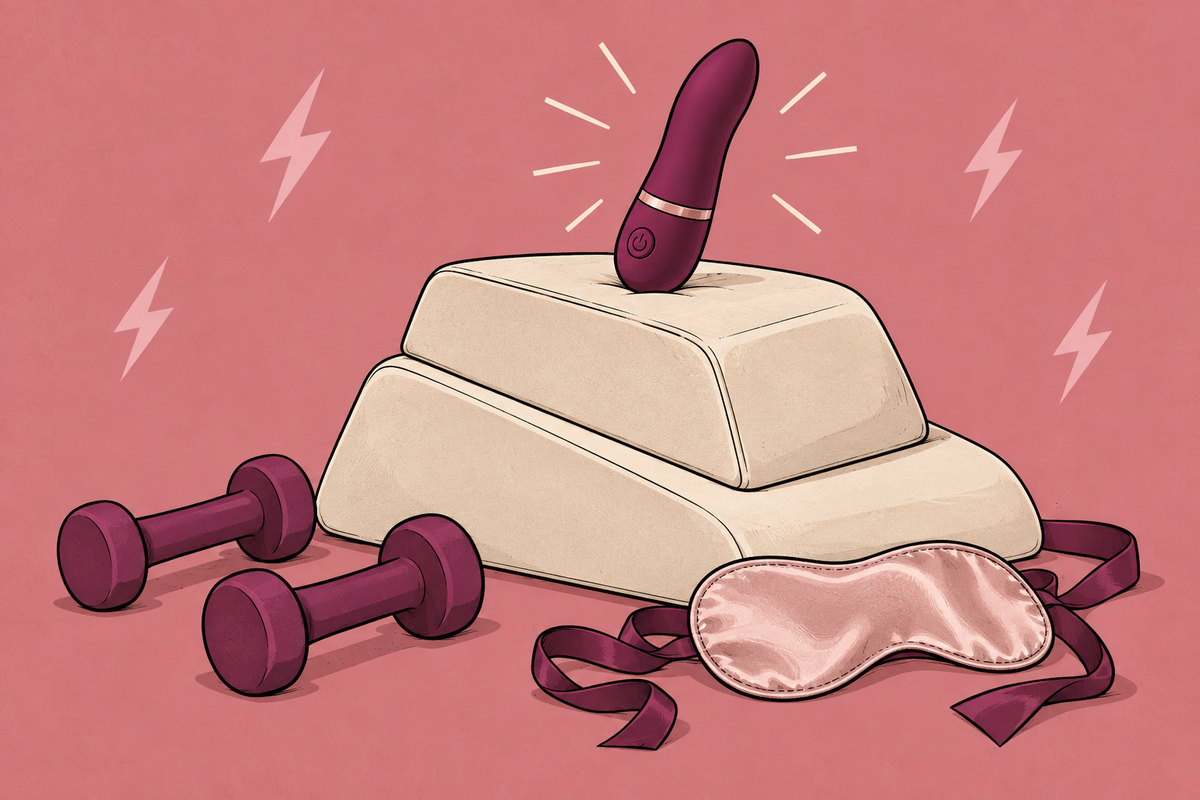 Illustration of a vibrator on stacked cushions beside small weights and a blindfold.