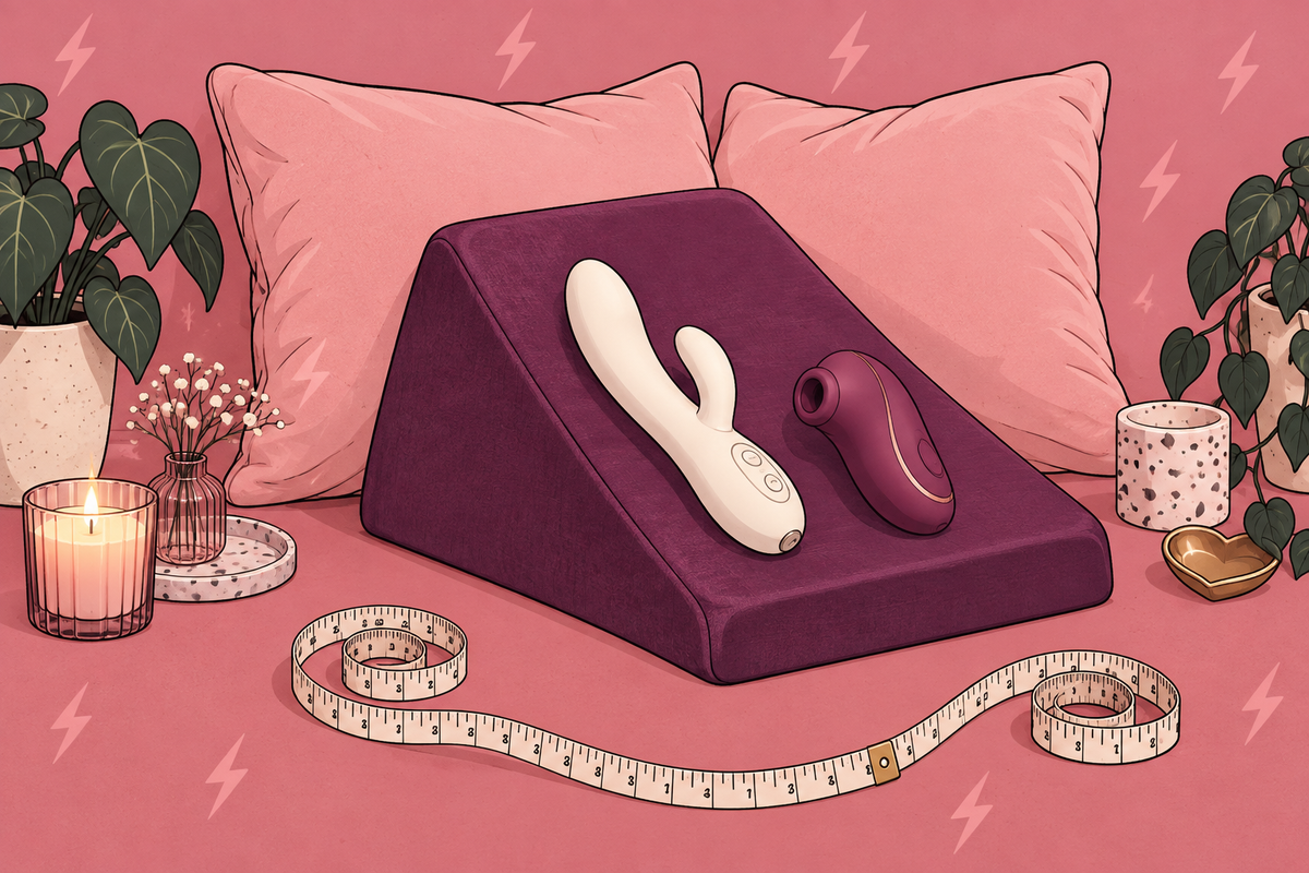 Illustration of toys on a wedge cushion beside a measuring tape.