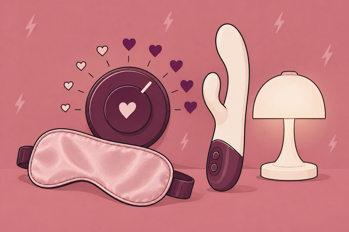 Illustration of a rabbit vibrator, blindfold and lamp beside a heart dial.
