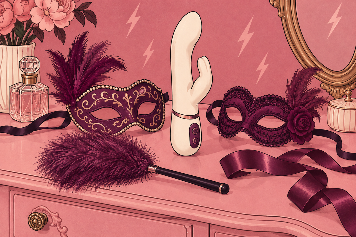 Illustration of decorative masks, a feather and rabbit vibrator on a dressing table.