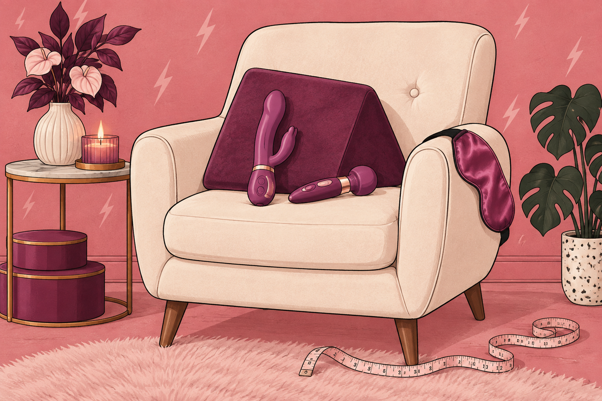 Illustration of an armchair with a cushion, vibrator and folded fabric.