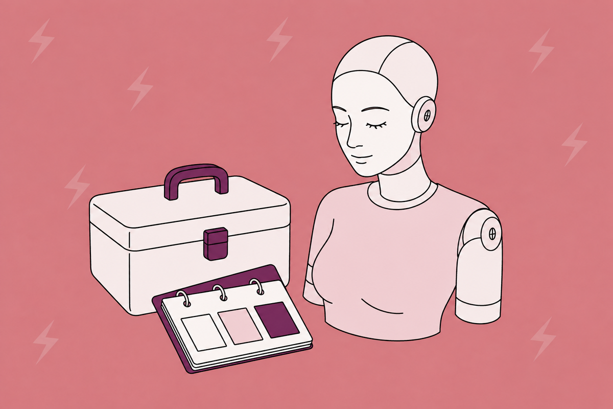 Illustration of a mannequin bust beside a case and product checklist.