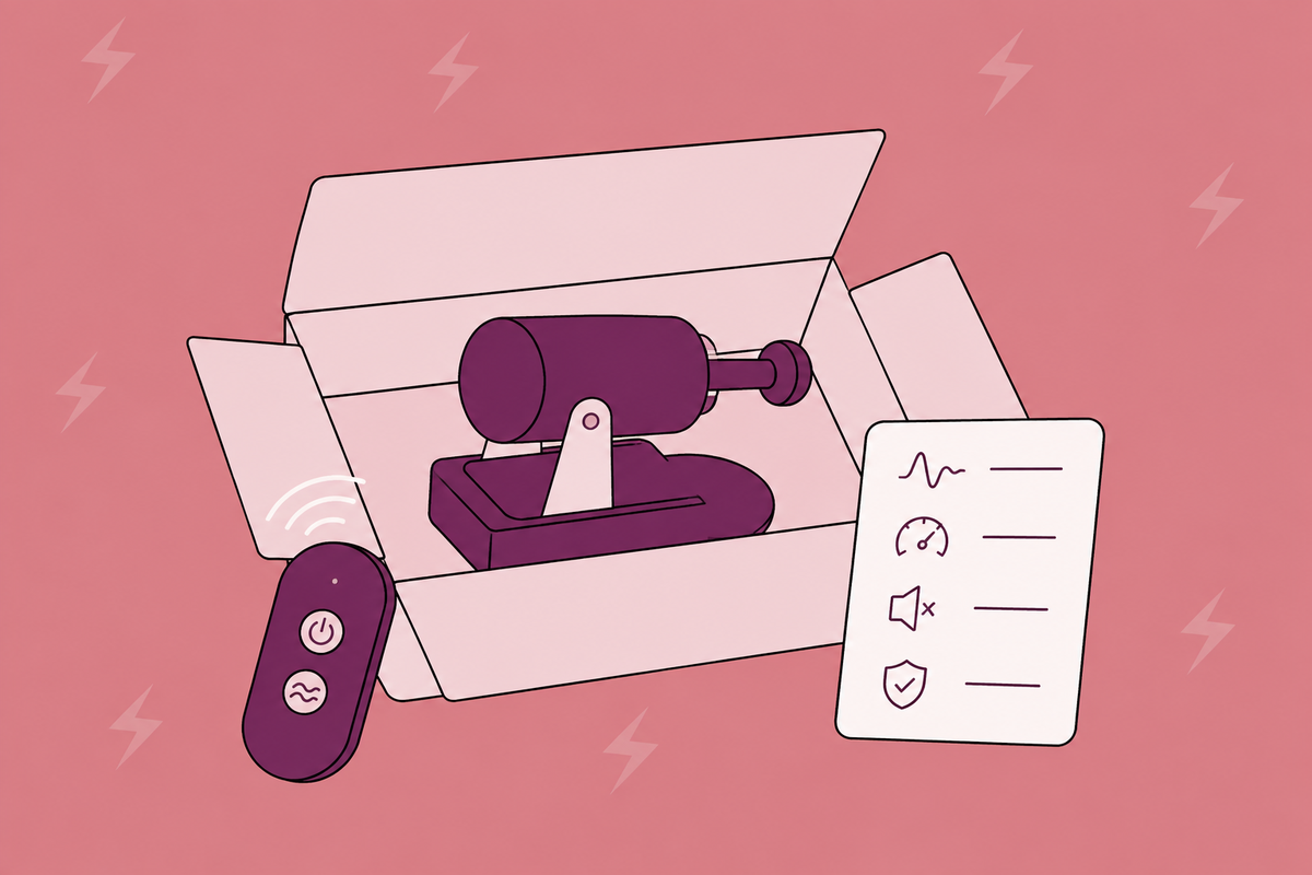 Illustration of a boxed motorised device, remote control and checklist.