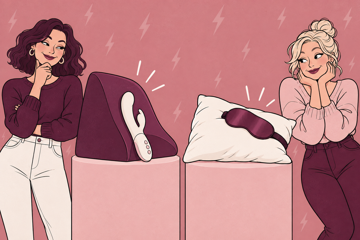 Illustration of two people comparing a wedge cushion and an ordinary pillow.