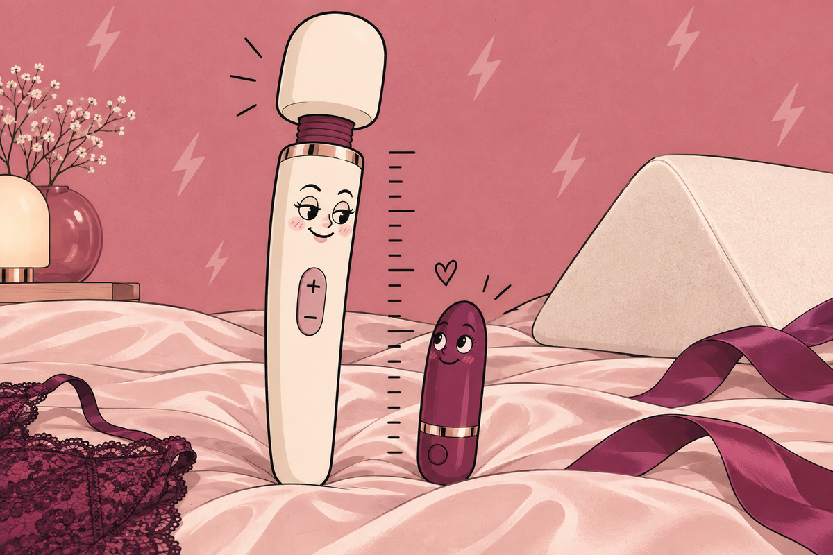 Illustration of a tall wand and a smaller vibrator beside measurement marks and a wedge pillow.