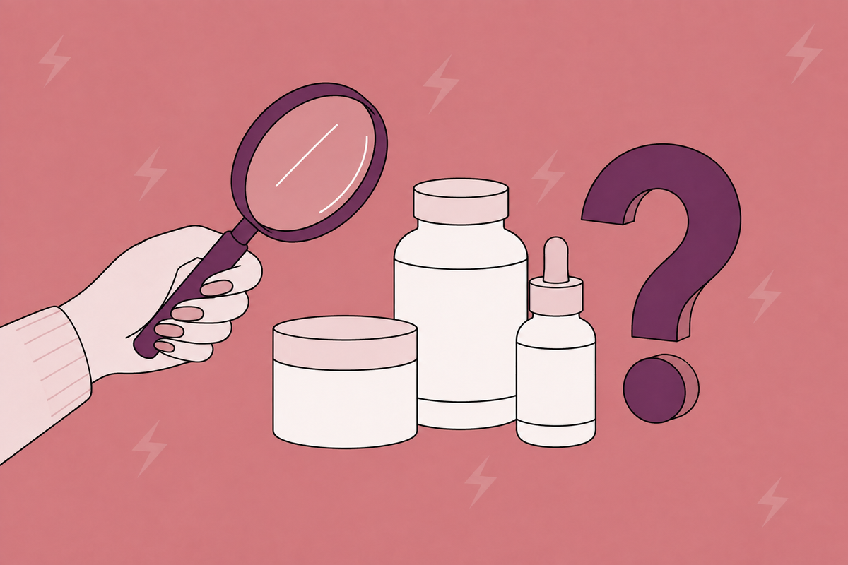 Illustration of bottles and a jar beside a magnifying glass and question mark.