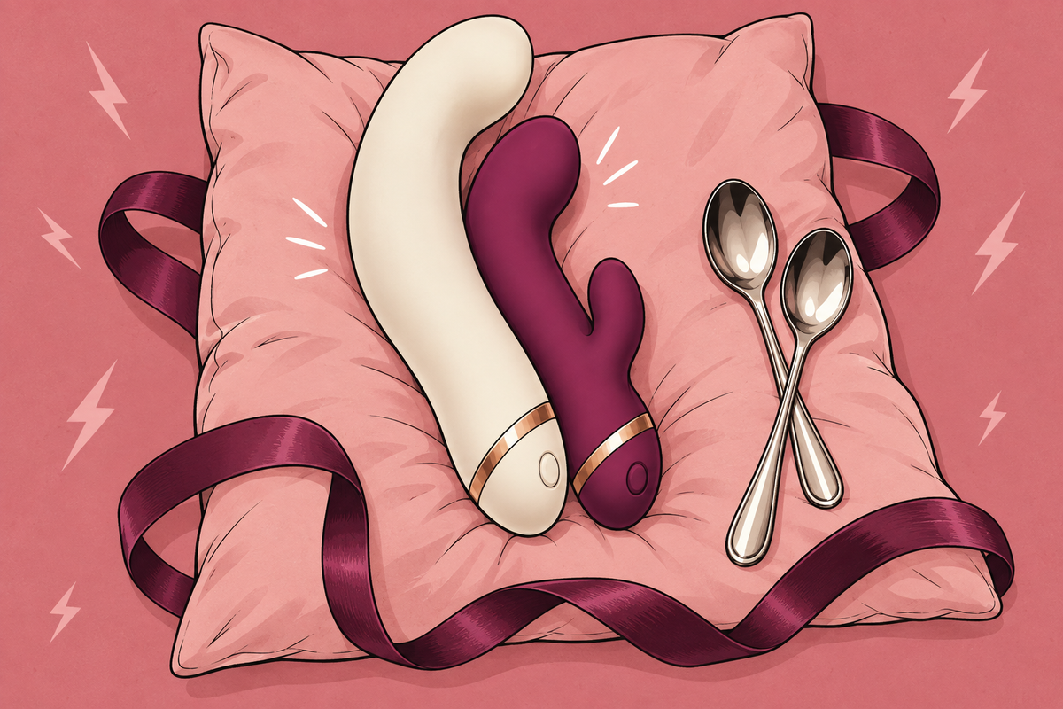 Illustration of curved toys and two spoons arranged on a pink pillow.