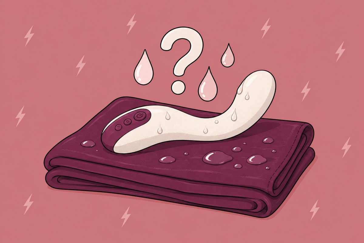 Illustration of a curved toy on folded towels with droplet symbols and a question mark.