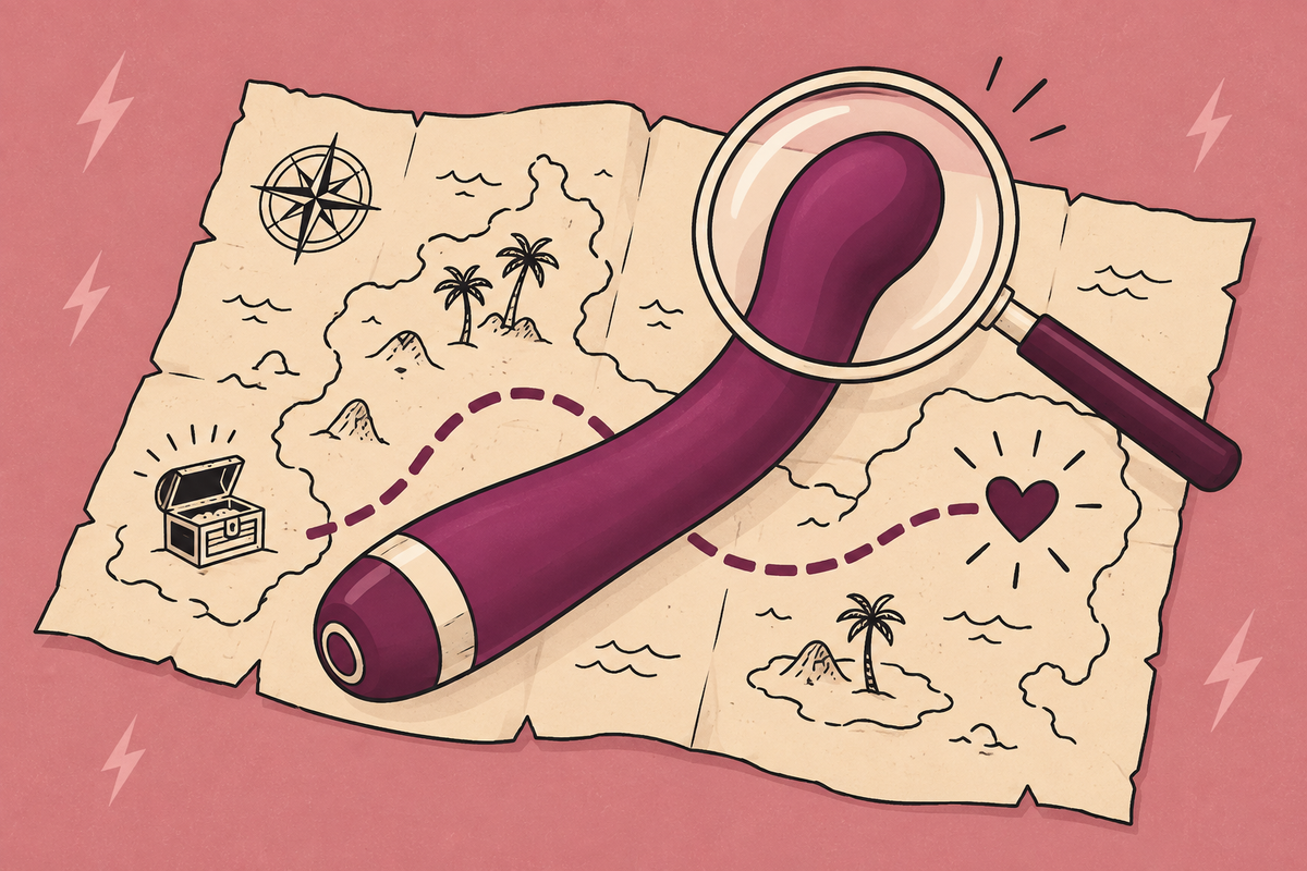 Illustration of a curved vibrator and magnifying glass on a map.