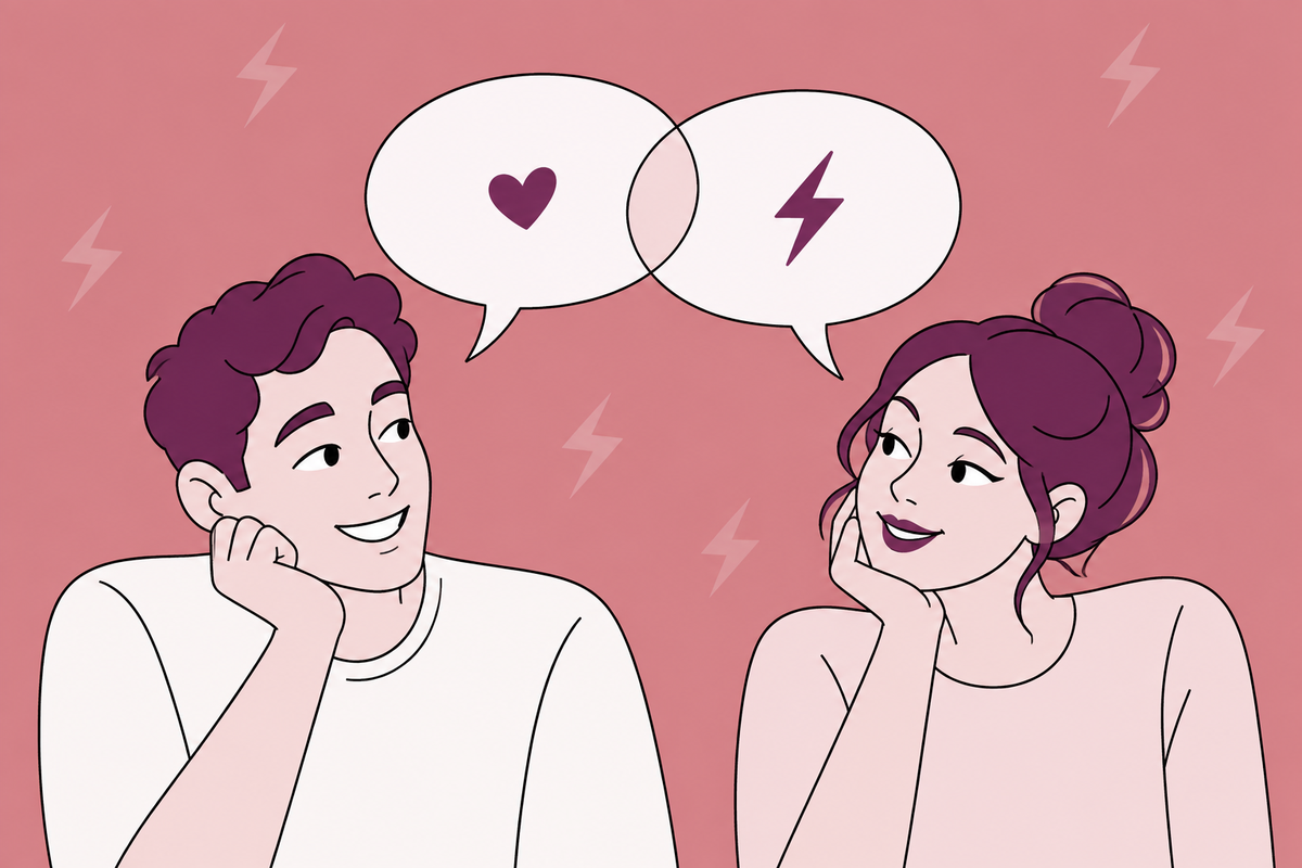 Illustration of two people talking with heart and lightning-bolt speech bubbles.