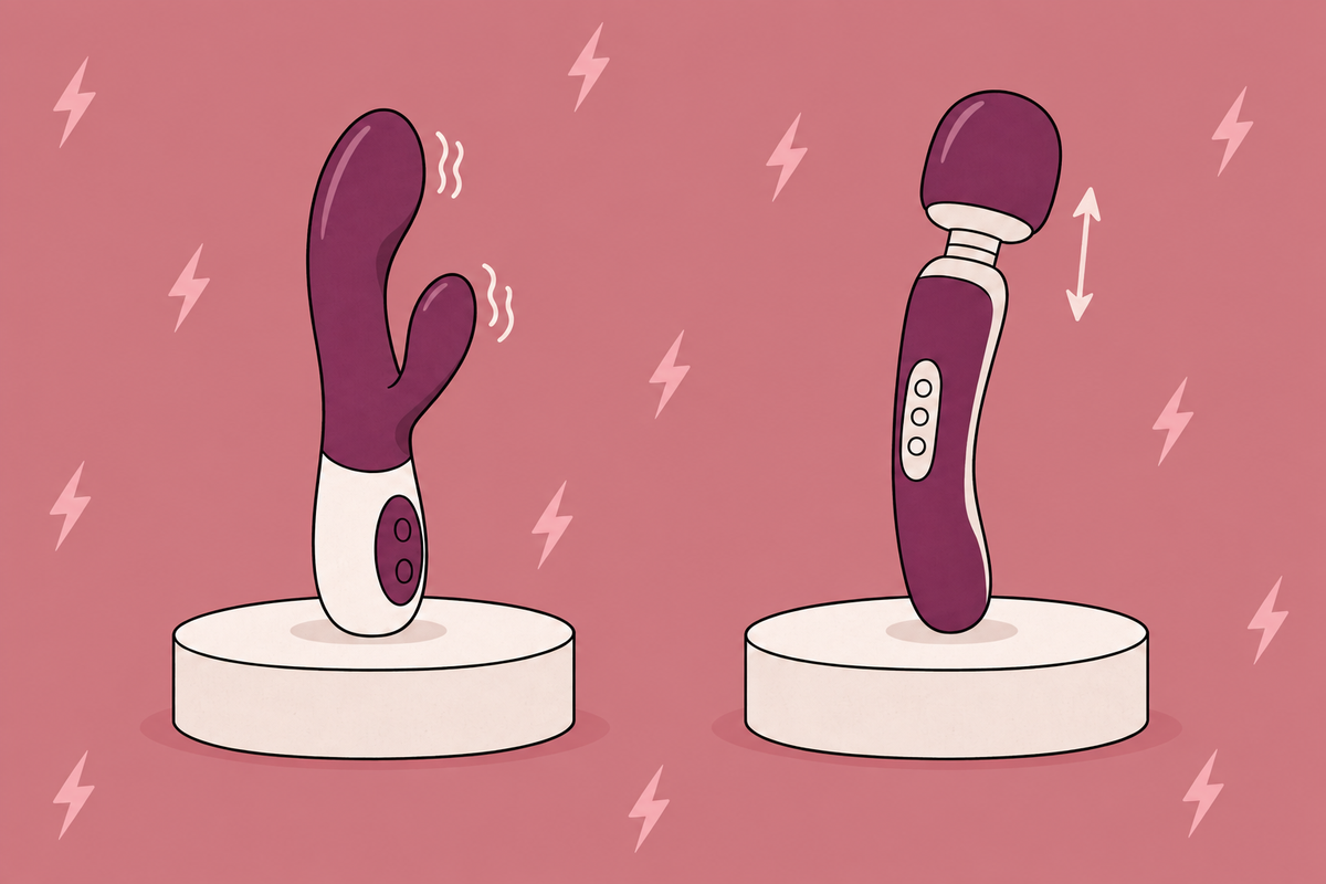 Illustration comparing a rabbit vibrator and a wand with movement arrows.