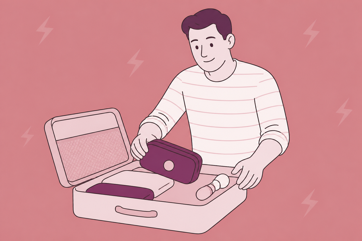 Illustration of a person packing a toy pouch and accessories into a suitcase.