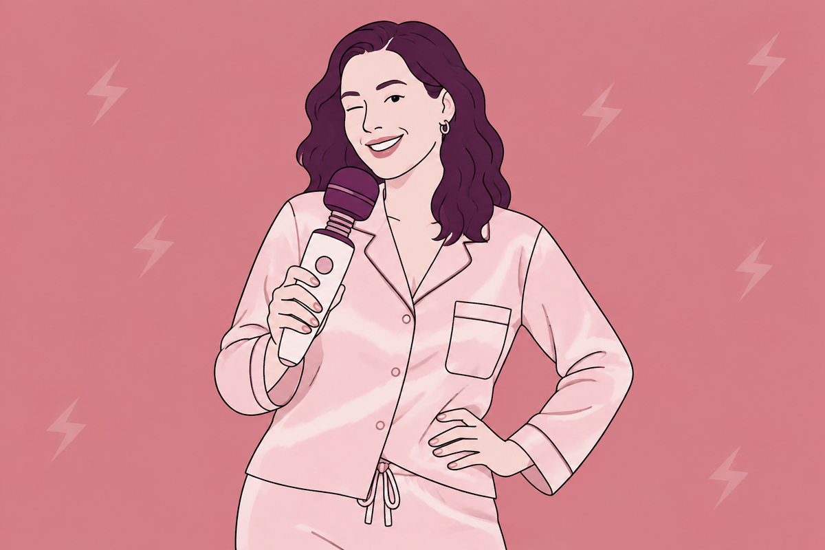 Illustration of a person examining a wand vibrator.