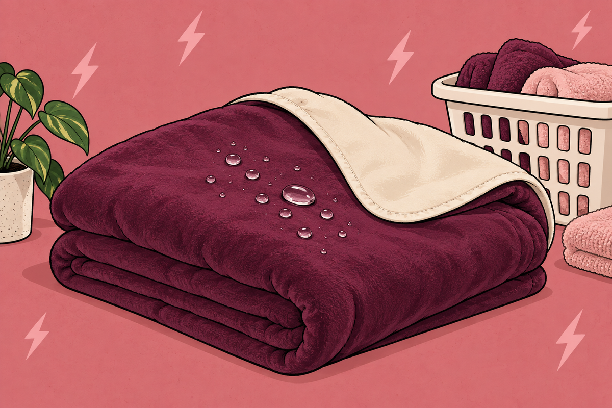 Illustration of a folded waterproof blanket with droplets on its surface.