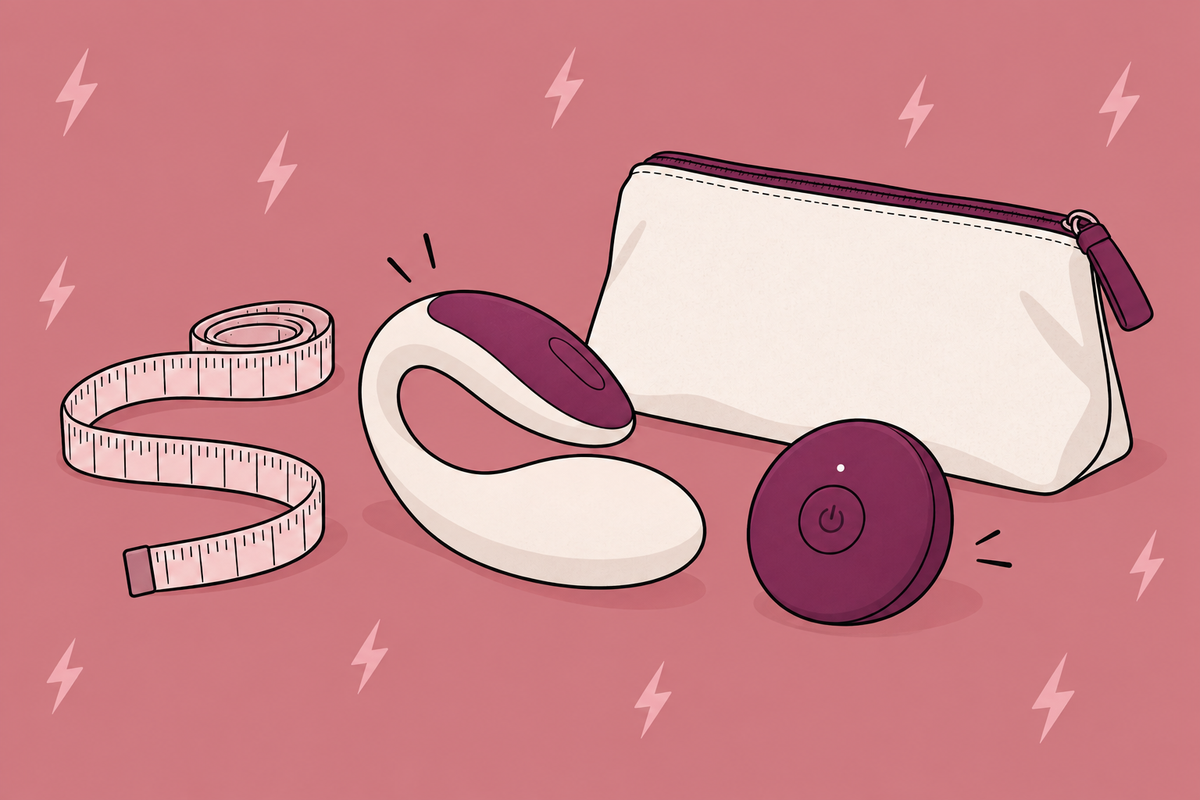Illustration of a wearable vibrator, remote, measuring tape and storage pouch.