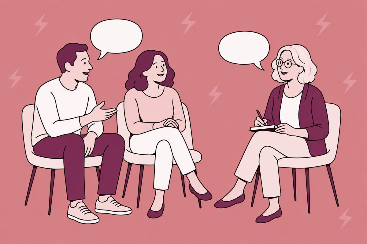 Illustration of a couple talking with a therapist in a seated consultation.