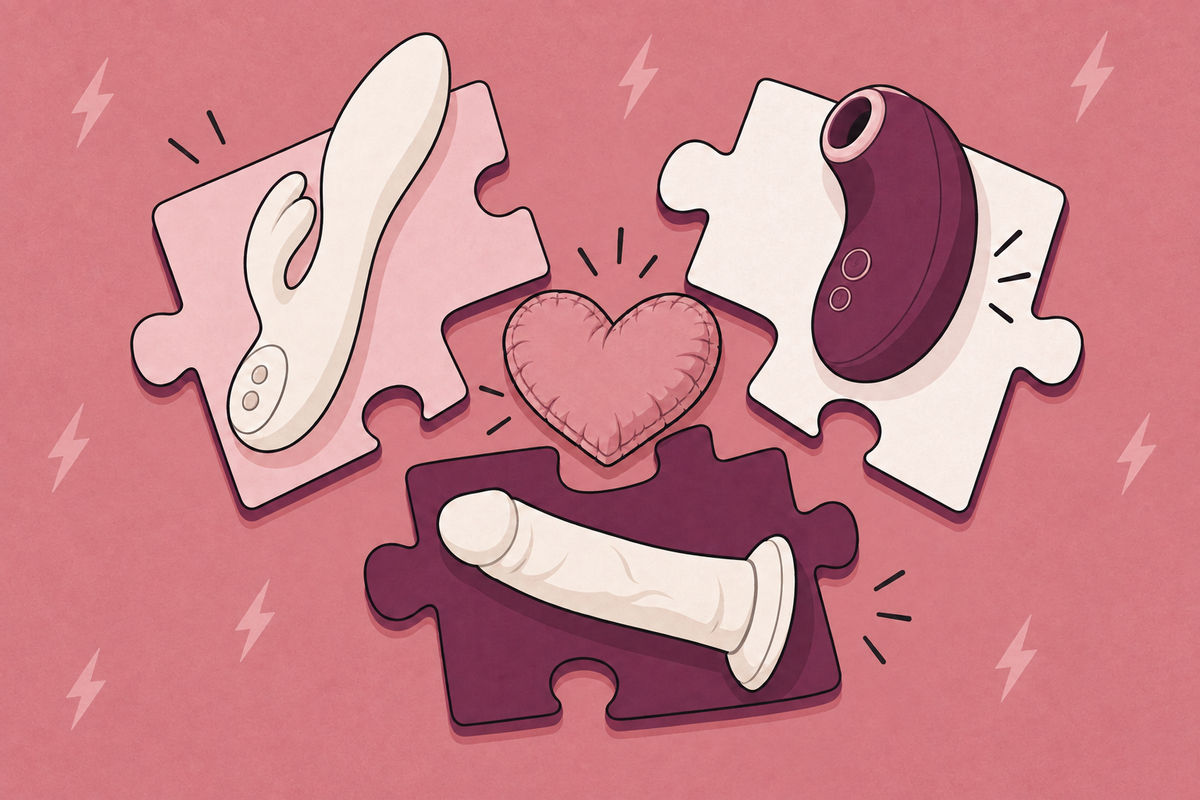 Illustration of different vibrator designs on interlocking puzzle pieces.