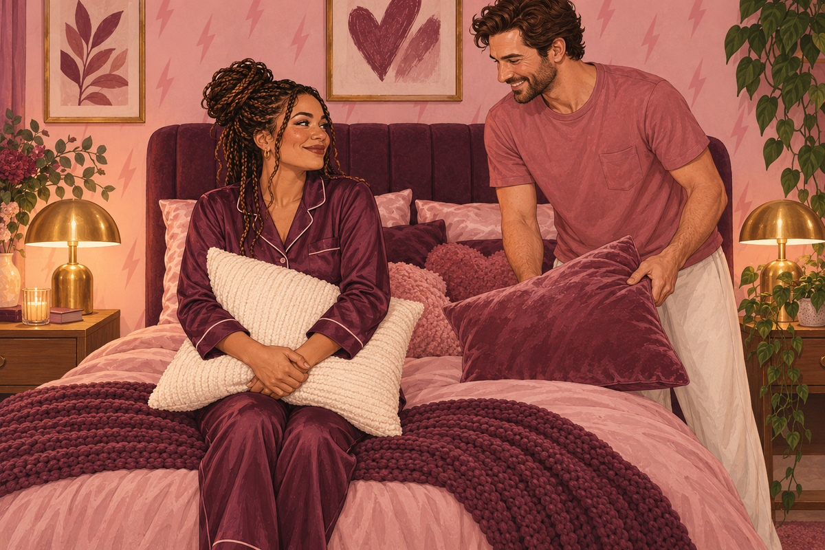 Illustration of a smiling couple arranging pillows in a pink bedroom.