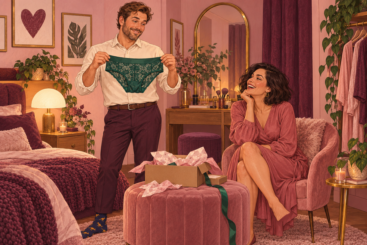 Illustration of a man holding emerald lace briefs while his partner laughs beside an open parcel.