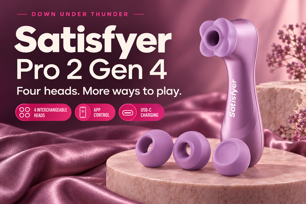 Satisfyer Pro 2 Gen 4 in Amethyst with four heads, plus app control and USB-C charging feature badges.