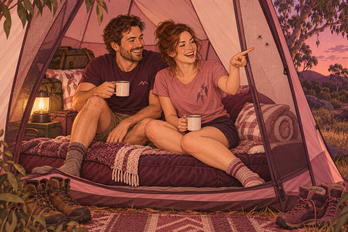 Illustration of a couple laughing inside a cosy tent while pointing at mosquitoes outside the mesh.